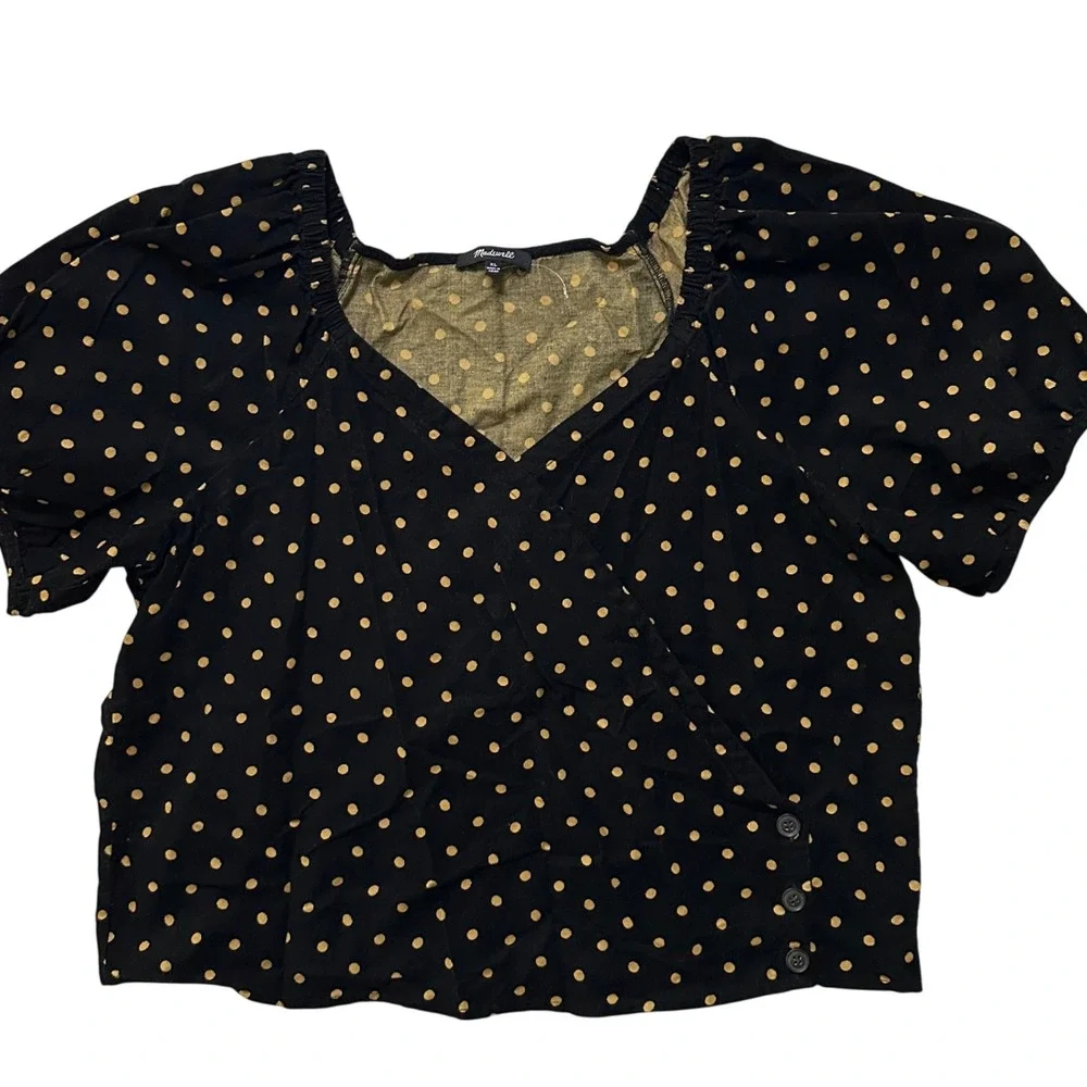 Madewell Polka Dot Corduroy Wrap Top XL Black Cottagecore Whimsigoth Academia